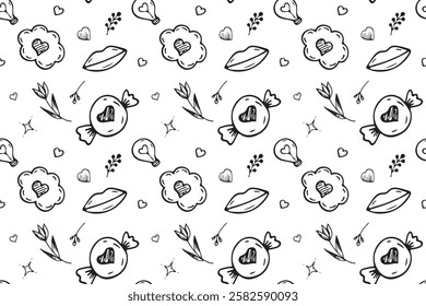 Doodle hand-drawn pattern with love elements on white background. Valentines Day pattern. Design for textile, wrapping papper, decoration, backdrop. Valentines Day background. Vector illustration. 