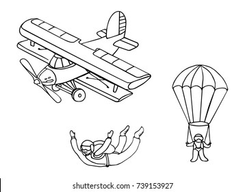 Doodle hand-drawn picture of an airplane in the sky. Skydiving vector sketch icon isolated on a white background. 