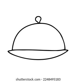 Doodle hand-drawn plate with lid illustration. Outline Food Cover Cloche Plate Platter with Domed Cover Serving Dish isolated on white background. Cozy kitchen, restaurant utensils. Vector symbol
