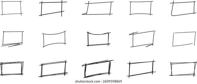 Doodle handdrawn rectangles. Collection of pencil or pen sketch elements of squares and marks isolated on transparent background. Black pen marker rectangle and square shapes