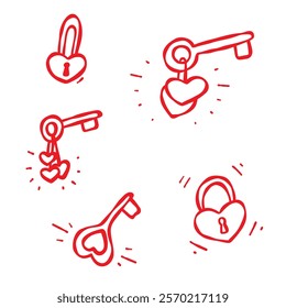 Doodle Hand-Drawn Set of Keys and Padlocks. Red contour isolated on a white background. Valentine s Day, wedding, anniversary, greeting cards, invitations, stickers, web design, cards, prints