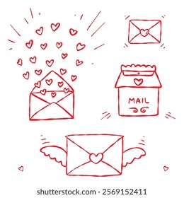 Doodle hand-drawn set of love letters and a mailbox. Perfect for love-themed web and digital designs, Valentines Day, weddings, anniversaries, greeting cards, prints, invitations, stickers