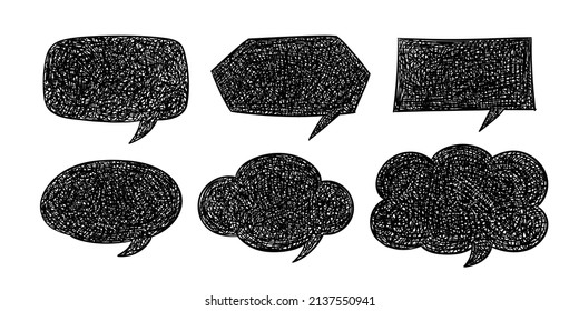 Juego de burbujas de comunicación dibujado a mano en un fondo blanco. Logo de símbolo de objetos aislados para productos comerciales y mercancías.