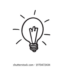 Doodle hand-drawn shining light bulb isolated on white background.
