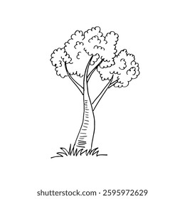 Doodle hand-drawn style of a single tree with branches and grass black outline vector.