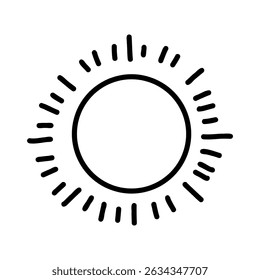 Doodle hand-drawn sun icon with irregular bold rays in black on white background. Simple boho style design element perfect for tattoos, stickers, wall art, logos, graphic projects. Vector illustration