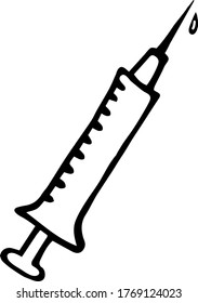 
doodle hand-drawn syringe with needle and drop in doodle style black and white