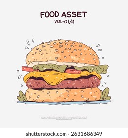 Doodle hand-drawn vector of hamburger with beef patty, lettuce, tomato, mustard, and ketchup. Fun, sketchy food illustration in EPS10 format. Perfect for menus, posters, fast food ads, and digital art