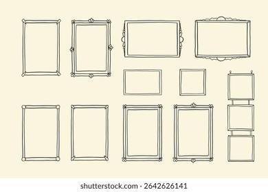 Doodle hand-drawn vintage picture frames. Perfect for retro design, wall decor, or artistic templates. Trendy vintage whimsical borders for wedding invitations, birthday card, prints. Vector set frame
