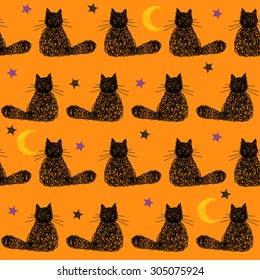 Doodle handmade halloween seamless pattern background with stars, moon and black cat. Hand drawn simple graphic cover. Funny cartoon illustration.
