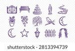doodle handmade ink scribble flat line art vector illustration icon bundle set calligraphy drawing design garden landscape park exterior fence fountain statue gazebo outdoor plant home
