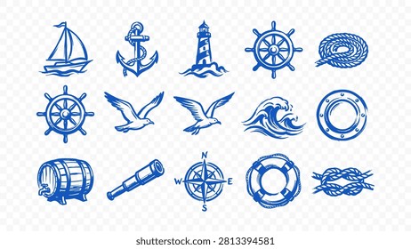 doodle handmade ink scribble flat line art vector illustration icon bundle set calligraphy drawing design maritime sea ship wheel lifebuoy boat anchor nautical ocean marine safety
