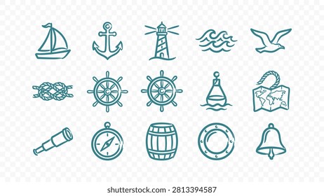 doodle handmade ink scribble flat line art vector illustration icon bundle set calligraphy drawing design nautical navigation anchor compass wheel telescope maritime ocean travel