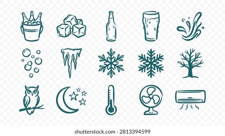 doodle handmade ink scribble flat line art vector illustration icon bundle set calligraphy drawing design winter cold snowflake ice cubes thermometer owl season frozen weather icy