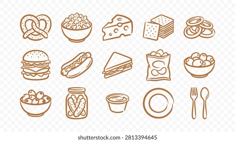 doodle handmade ink scribble flat line art vector illustration icon bundle set calligraphy drawing design fast food snacks burger hotdog sandwich pretzel fries delicious takeaway lunch