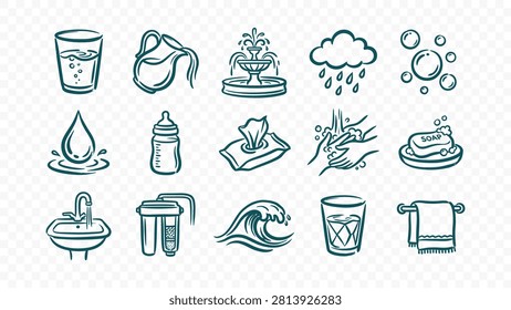 doodle handmade ink scribble flat line art vector illustration icon bundle set calligraphy drawing design water tap soap wave bubbles hygiene wash bathroom clean splash fresh liquid
