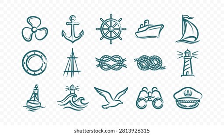 doodle handmade ink scribble flat line art vector illustration icon bundle set calligraphy drawing design maritime ship wheel anchor lighthouse buoy boat nautical ocean marine sea