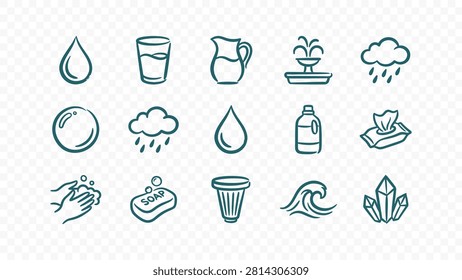doodle handmade ink scribble flat line art vector illustration icon bundle set calligraphy drawing design water hygiene liquid droplets glass pitcher rain soap bucket wave fresh