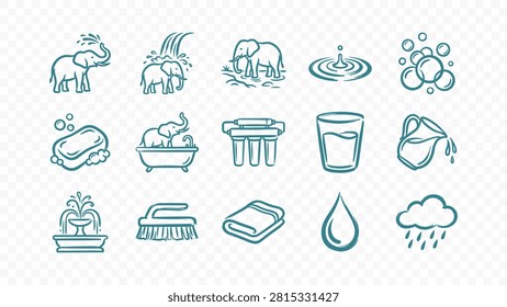 doodle handmade ink scribble flat line art vector illustration icon bundle set calligraphy drawing design water hygiene wash soap sink shower sanitary droplets clean fresh