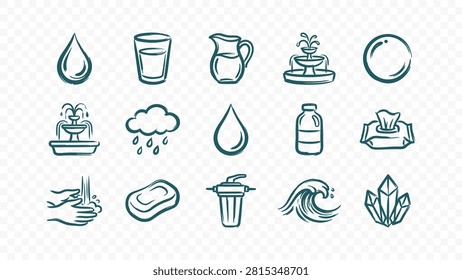 doodle handmade ink scribble flat line art vector illustration icon bundle set calligraphy drawing design water hygiene fresh droplets wave soap bathroom pitcher glass clean wash aqua