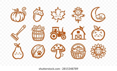doodle handmade ink scribble flat line art vector illustration icon bundle set calligraphy drawing design harvest autumn pumpkin tractor apple farming barn nature rural field countryside