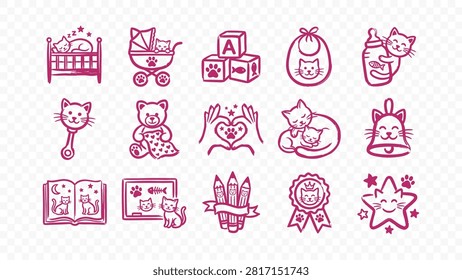 doodle handmade ink scribble flat line art vector illustration icon bundle set calligraphy drawing design babyhood cats toys rattle cradle motherhood childhood kitten baby care feline