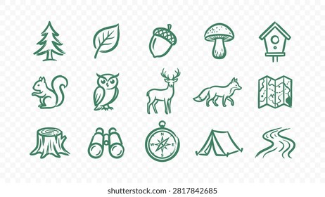 doodle handmade ink scribble flat line art vector illustration icon bundle set calligraphy drawing design forest wildlife nature trees owl deer fox squirrel bird mushroom adventure eco