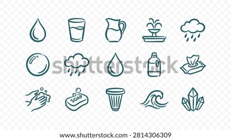 doodle handmade ink scribble flat line art vector illustration icon bundle set calligraphy drawing design water hygiene liquid droplets glass pitcher rain soap bucket wave fresh