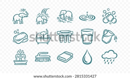 doodle handmade ink scribble flat line art vector illustration icon bundle set calligraphy drawing design water hygiene wash soap sink shower sanitary droplets clean fresh