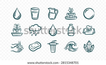 doodle handmade ink scribble flat line art vector illustration icon bundle set calligraphy drawing design water hygiene fresh droplets wave soap bathroom pitcher glass clean wash aqua