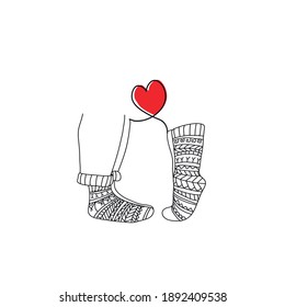 Doodle handmade socks.Loving couple in knitted socks. Vector linear illustration.