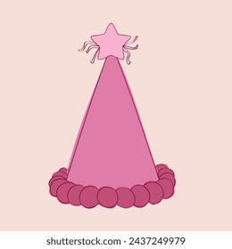 A doodle hand-painted pink party hat with a star on top. The hat is whimsical and festive, perfect for adding color and fun to any celebration