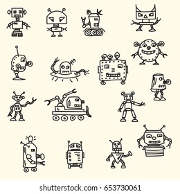 Doodle handrawn robots. Vector Illustration.