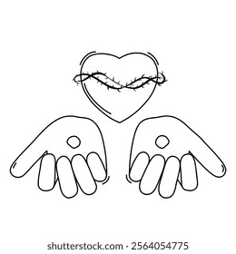 Doodle of Hands of Christ with stigmata and heart wrapped in a crown of thorns Religious vector illustration