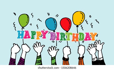 Doodle of Hands clapping. applause. hands up gestures. design element for celebrate, party birthday. cartoon style. with ballon. vector illustration
