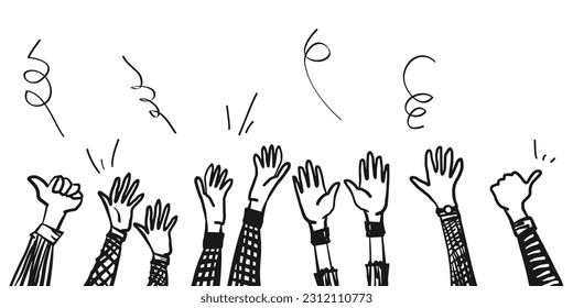 Doodle hands clapping ovation. applause, thumbs up gesture on hand drawn style. vector illustration