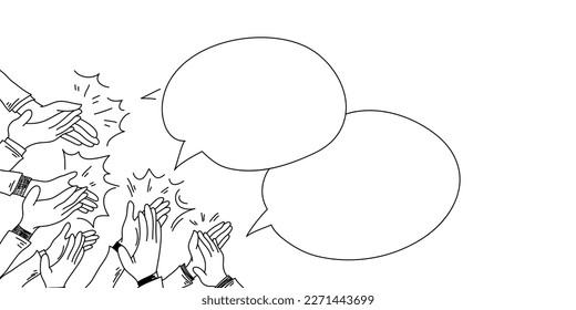 Doodle hands clapping ovation with speech bubble. applause, hands up, hands gesture. isolated on white background. vector illustration