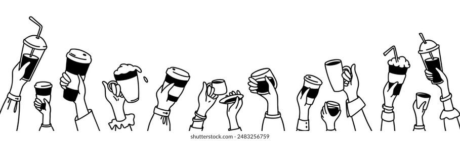 Doodle hands up with coffee. Crowd of people, men and children holding disposable glass, cups, mugs, cappuccino, latte, Frappuccino, espresso, matcha in their arms. Teamwork concept background