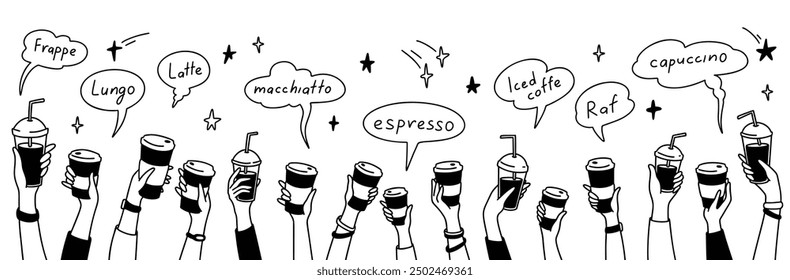 Doodle hands up with coffee. Crowd of people, men and children holding disposable glass and paper cups. Teamwork concept background. Different named types of drinks