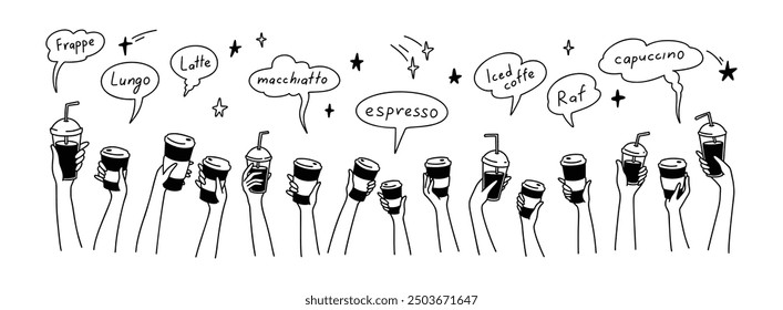 Doodle hands up with coffee. Crowd of people, men and children holding disposable glass and paper cups. Teamwork concept background. Different named types of drinks