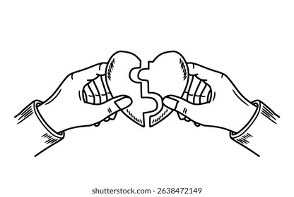 Doodle of hands connecting two heart shaped puzzle pieces vector illustration