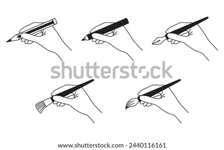 doodle hands with drawing equipment, hand drawn, outline vector, paint brush, pencil, marker, dip pen