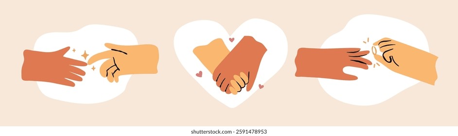 Doodle hands expressing love set. Steps of relationship concept.  Hand drawn isolated vector illustration. 