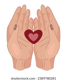 Doodle of hands hold abstract heart. Concept of giving love. St Valentine holiday design. Cartoon vector illustration isolated on white.
