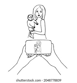 Doodle hands hold a smartphone horizontally and take pictures of a woman with a child in her arms. Hand-drawn illustration on a white background.