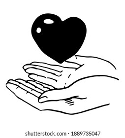 Doodle of hands holding heart. Concept of giving love. Hand drawn vector illustration. Simple sketch isolated on white. Cute contour drawing for St Valentine's Day holiday design, print, card, decor, sticker.
