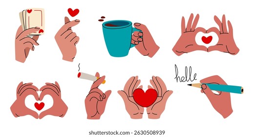 Doodle hands holding pencil and writing message, coffee mug and plauing cards, cigarette with smoke. Cute sketched style drawing set of palms making love and heart gestures. Flat vector human arms.