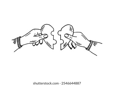 Doodle hands holding two heart-shaped puzzle pieces, about to connect them.