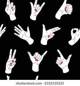 Doodle hands pattern. Seamless texture with divers male and female arms showing different gestures. Ok or victory finger poses. Contemporary print. Gesturing clipart. Vector background