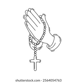 Doodle of Hands in prayer with a rosary with a cross. Praying hands united for pray to god. Vector illustration